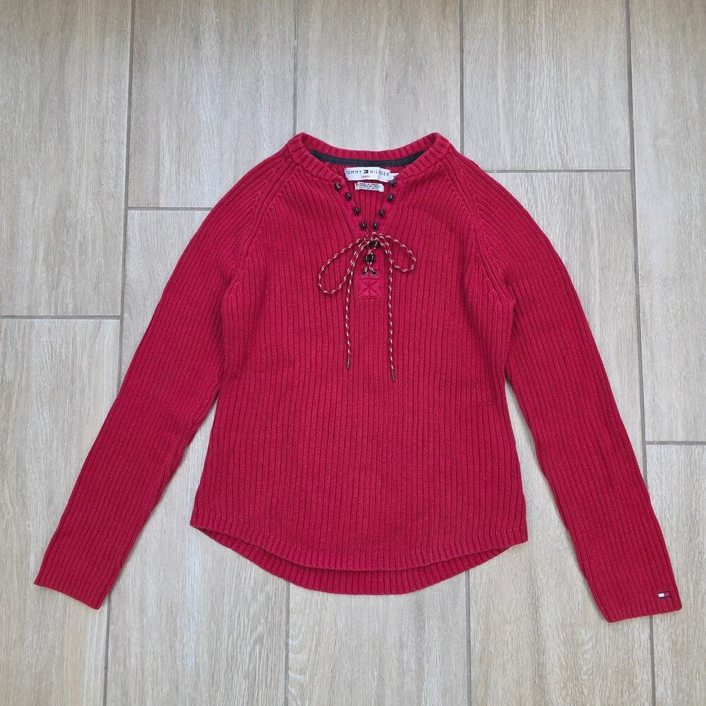 Vintage Tommy Hilfiger Jeans Sweater Womens M Red Lace Up Ribbed Y2K 2000s